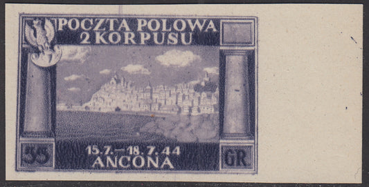 CP169 - 1946 - Corpo Polacco, vittorie polacche in Italia serie su carta giallastra, spessa e di qualità scadente esemplare in colore diverso e non dentellato, 55g. violetto nuovo non gommato (6B/II)