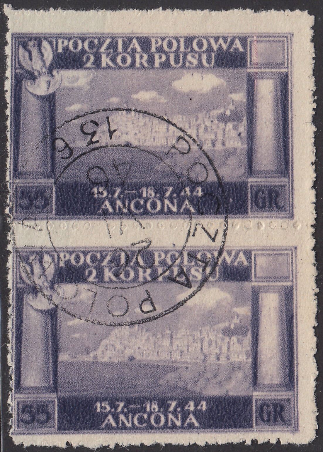 CP172 - 1946 - Corpo Polacco, vittorie polacche in Italia serie su carta giallastra, spessa e di qualità scadente, colore diverso 55g. violetto in coppia verticale usata (6A/I)