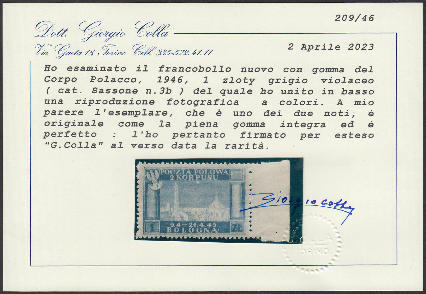 CP199 - 1946 - Corpo Polacco, vittorie polacche in Italia serie su carta grigia di qualità scadente, 1z. grigio violaceo nuovo con gomma integra, colore rarissimo (3b)