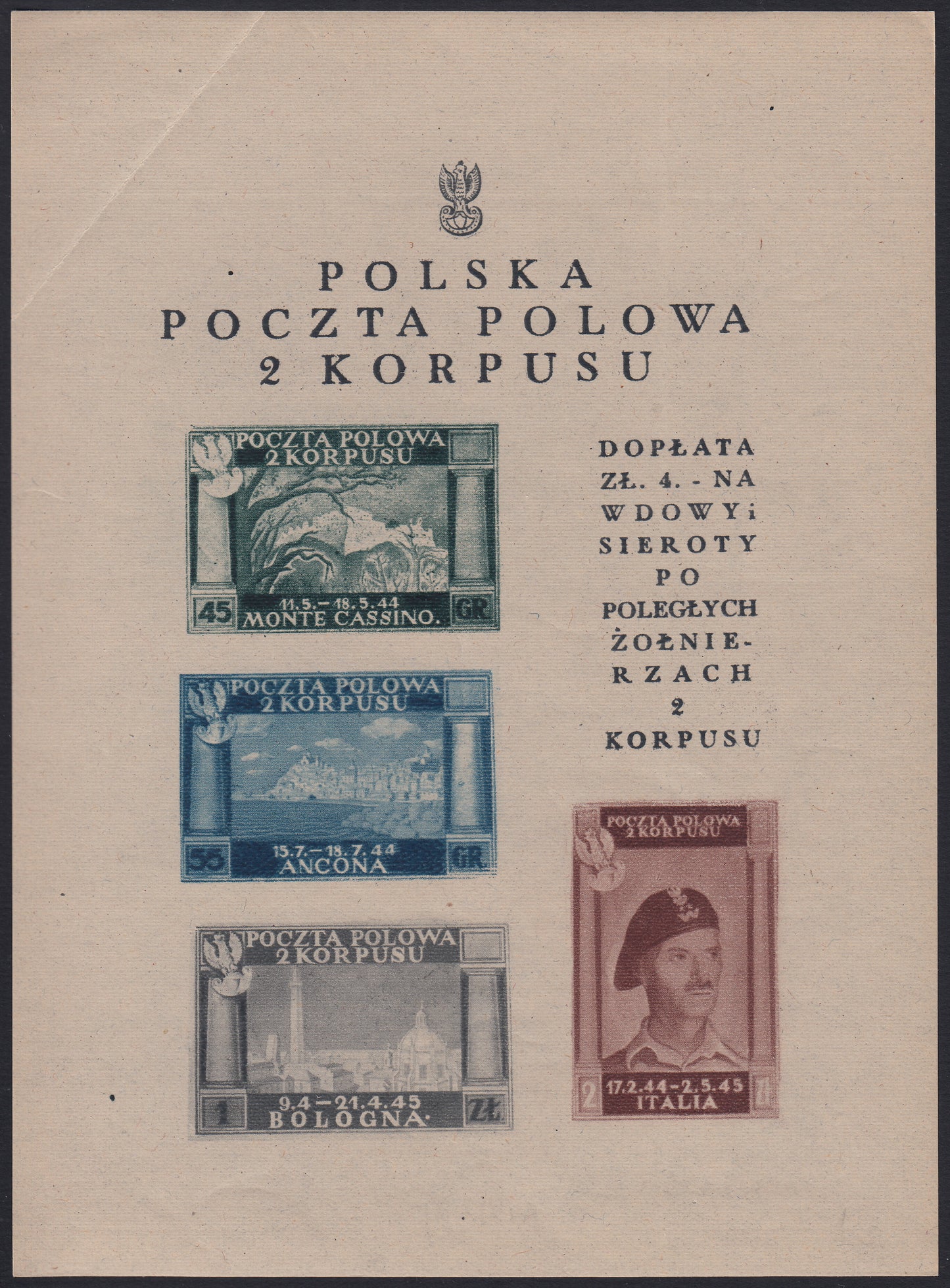 CP210 - 1946 - Corpo Polacco, vittorie polacche in Italia, francobolli n. 1A, 2A, 3A e 13Aa  stampati in foglietto di mm. 120 x 162 nuovo gomma integra (1).