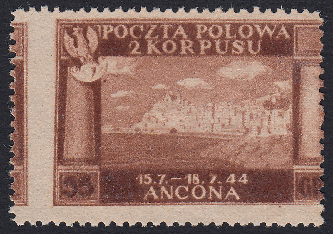 CP213 - 1946 - Corpo Polacco, vittorie polacche in Italia serie su carta grigiastra, spessa e di qualità scadente, 55g. rosso bruno con dentellatura verticale fortemente spostata a sinistra (10b)