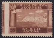 CP213 - 1946 - Corpo Polacco, vittorie polacche in Italia serie su carta grigiastra, spessa e di qualità scadente, 55g. rosso bruno con dentellatura verticale fortemente spostata a sinistra (10b)