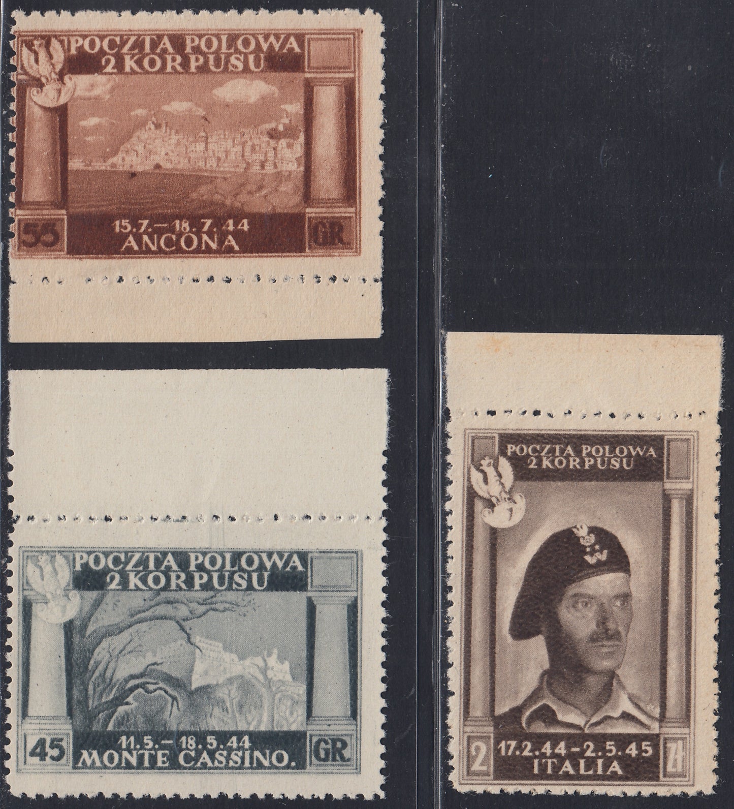 CP223 - 1946 - Corpo Polacco, vittorie polacche in Italia serie su carta bianca, spessa e di buona qualità, 3 valori nuovi non gommati (14/16)