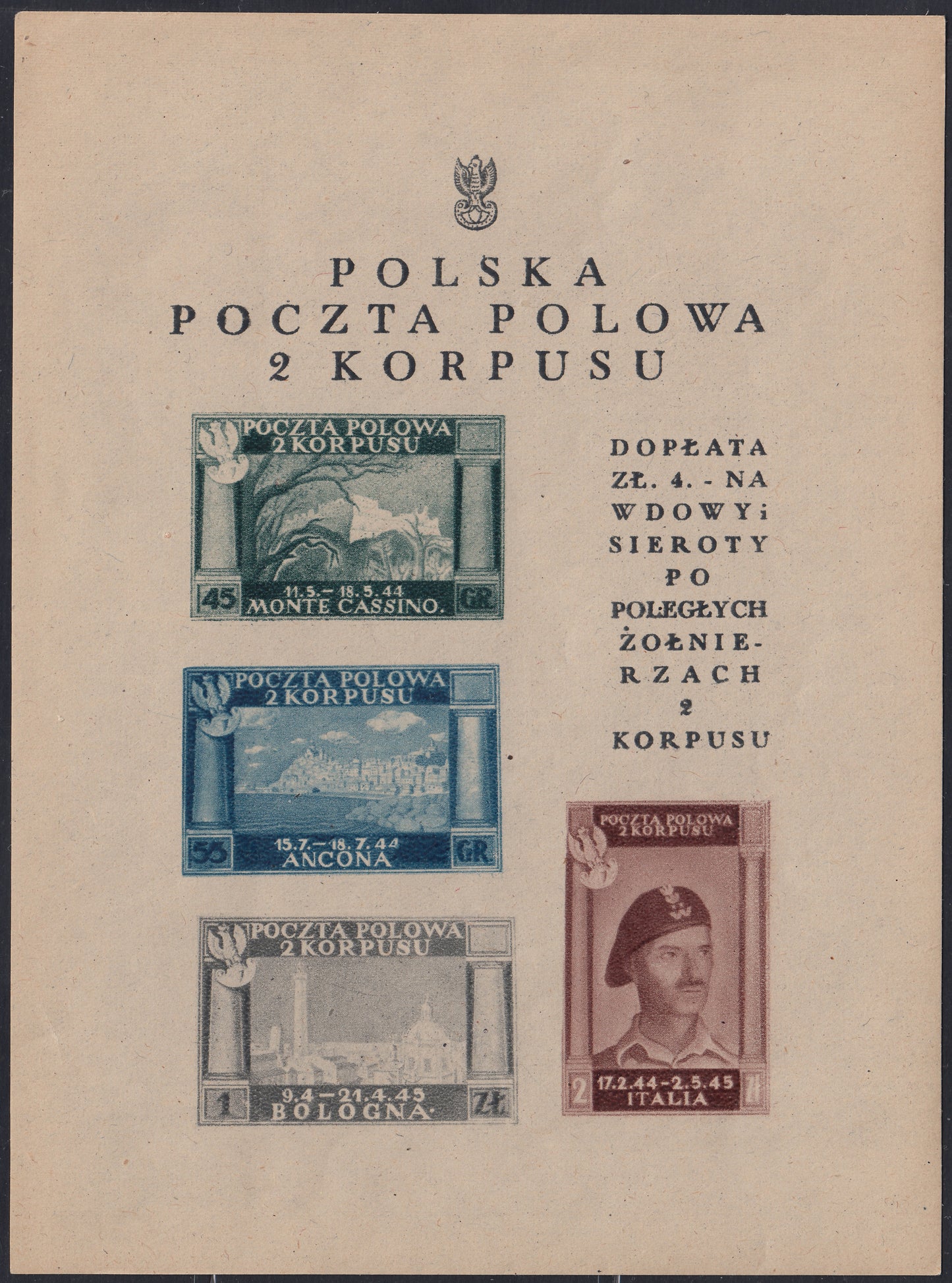 CP224- 1946 - Corpo Polacco, vittorie polacche in Italia, francobolli n. 1A, 2A, 3A e 13Aa  stampati in foglietto di mm. 120 x 162 nuovo gomma integra (1).