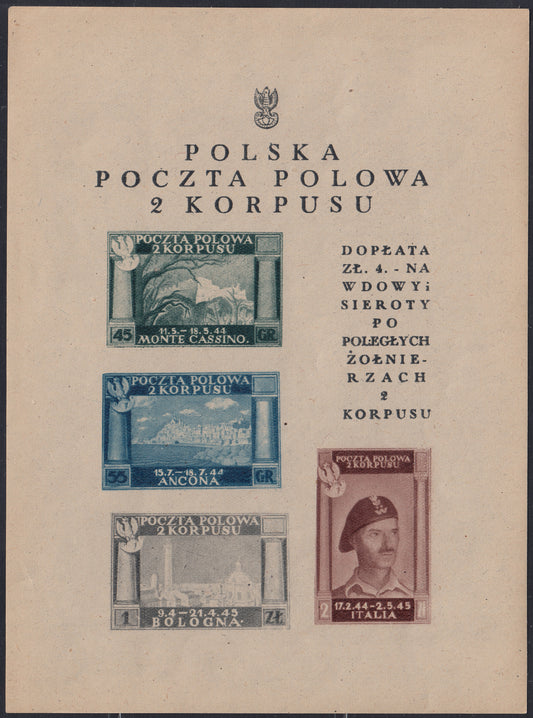 CP224- 1946 - Corpo Polacco, vittorie polacche in Italia, francobolli n. 1A, 2A, 3A e 13Aa  stampati in foglietto di mm. 120 x 162 nuovo gomma integra (1).
