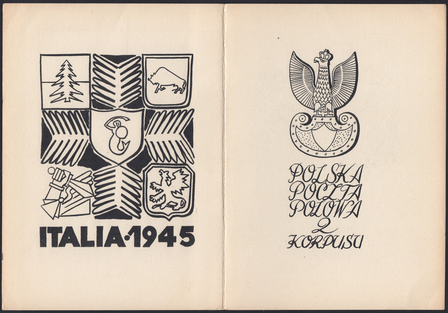 CP225 - 1946 - Polish Corps, Polish victories in Italy, stamps no. 5B, 6B, 7B, 17A printed in sheets of mm. 120 x 162 on commemorative cardboard (1A).