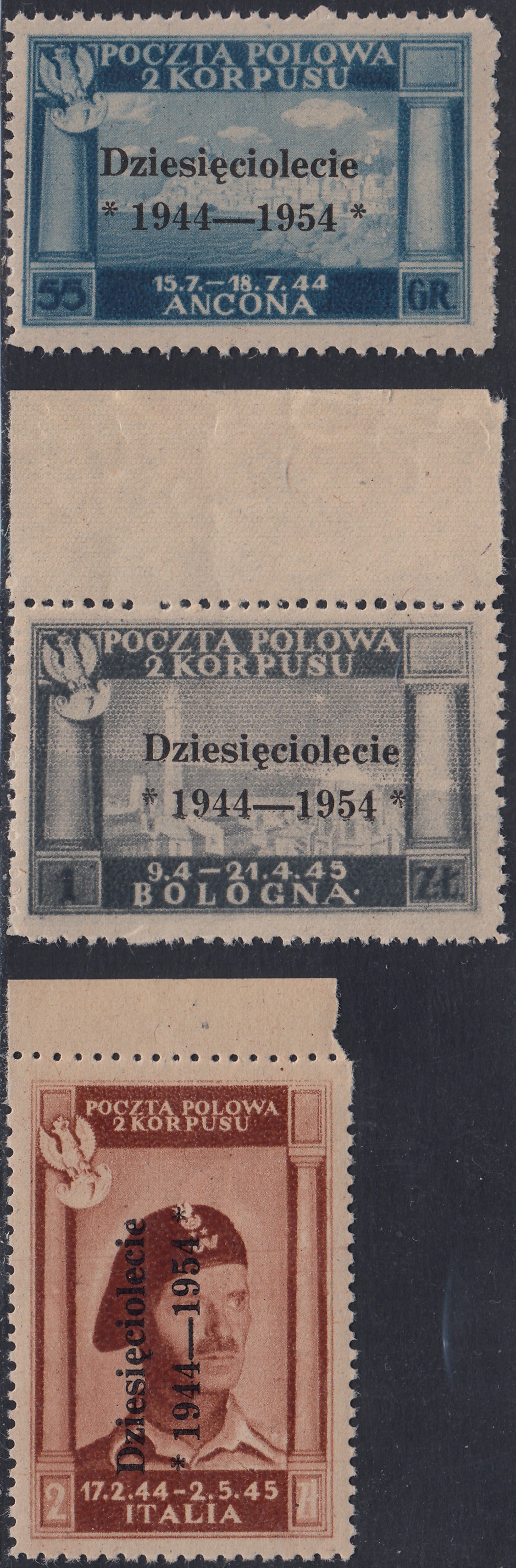 CP227 - 1954 - Polish Government of London, Polish victories in Italy series of three values ​​with black overprint new intact rubber (1/3)