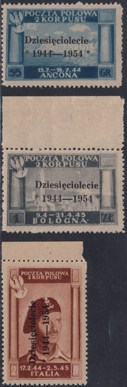 CP227 - 1954 - Governo Polacco di Londra, vittorie polacche in Italia serie di tre valori con soprastampa nera nuova gomma integra (1/3)
