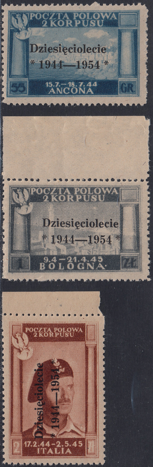 CP227 - 1954 - Governo Polacco di Londra, vittorie polacche in Italia serie di tre valori con sopratampa nera nuova gomma integra (1/3)