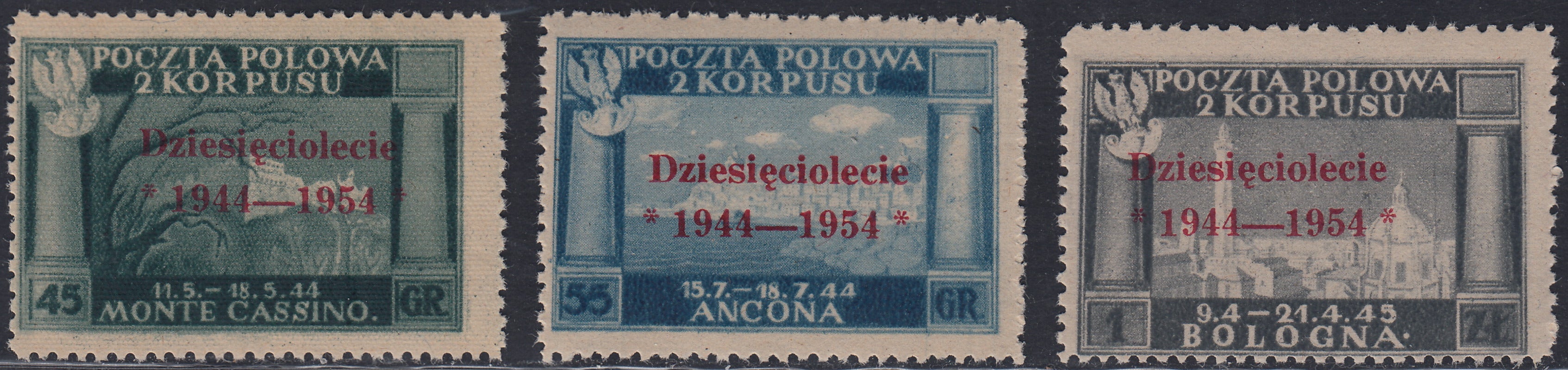 CP228 - 1954 - Governo Polacco di Londra, vittorie polacche in Italia serie di tre valori con soprastampa carminio nuova gomma integra (4/6)