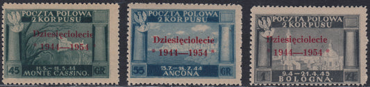 CP228 - 1954 - Governo Polacco di Londra, vittorie polacche in Italia serie di tre valori con sopratampa carminio nuova gomma integra (4/6)