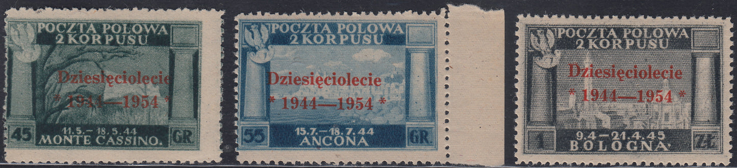 CP229 - 1954 - Governo Polacco di Londra, vittorie polacche in Italia serie di tre valori con sopratampa vermiglio nuova gomma integra (7/9)