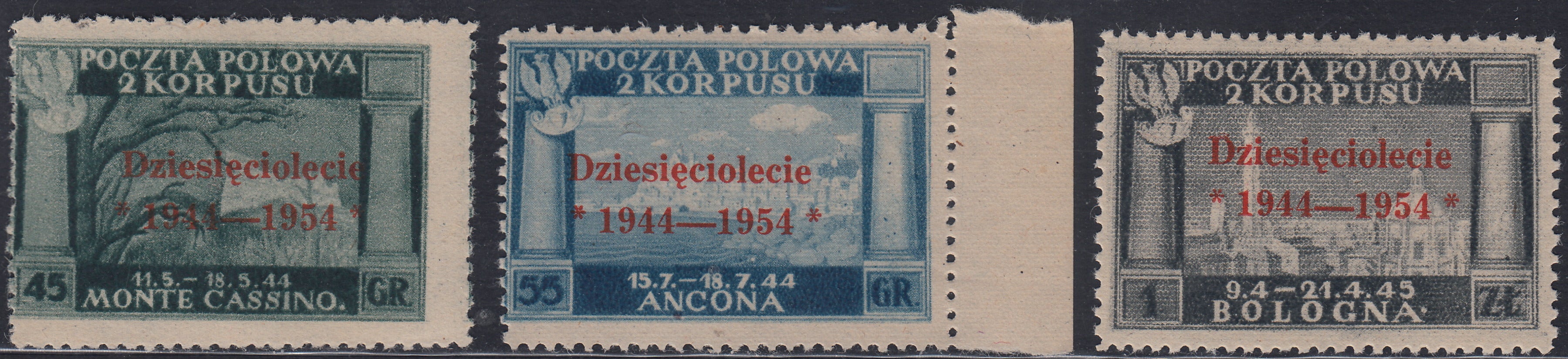 CP229 - 1954 - Governo Polacco di Londra, vittorie polacche in Italia serie di tre valori con soprastampa vermiglio nuova gomma integra (7/9)