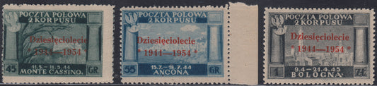 CP229 - 1954 - Governo Polacco di Londra, vittorie polacche in Italia serie di tre valori con sopratampa vermiglio nuova gomma integra (7/9)