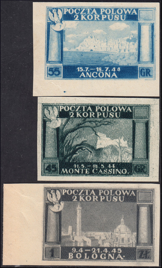 CP43 - 1946 - Corpo Polacco, vittorie polacche in Italia serie su carta bianca, spessa e di buona qualità, 3 valori nuovi non gommati e non dentellati (5B/7B)