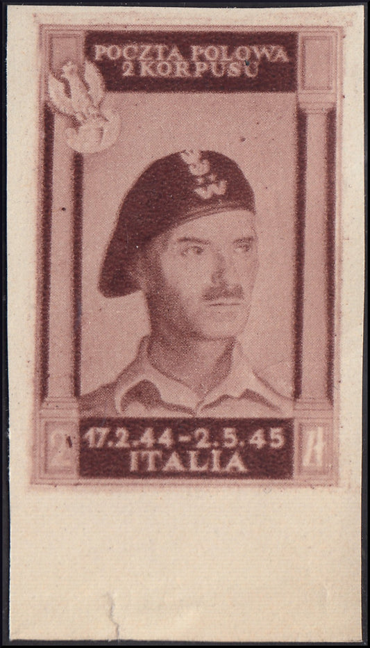 CP48 - 1946 - Corpo Polacco, vittorie polacche in Italia serie su carta bianca, spessa e di buona qualità, colore cambiato 2z. bruno lillaceo non dentellato, nuovo non gommato (17A)