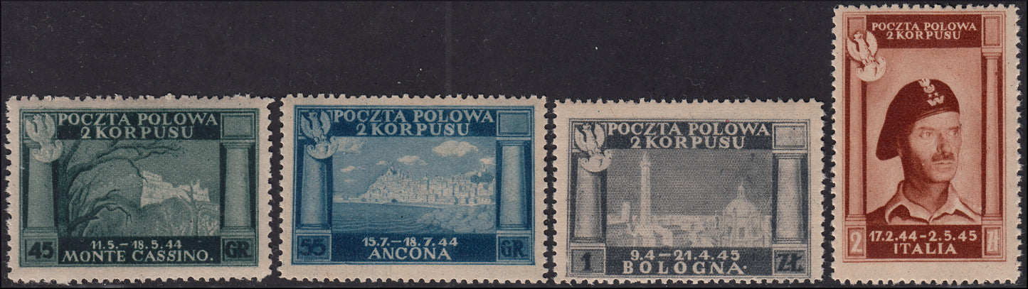 CP5 - 1946 - Polish Corps, Polish victories in Italy series on greyish poor quality paper, 4 new values, undamaged rubber (1/4)