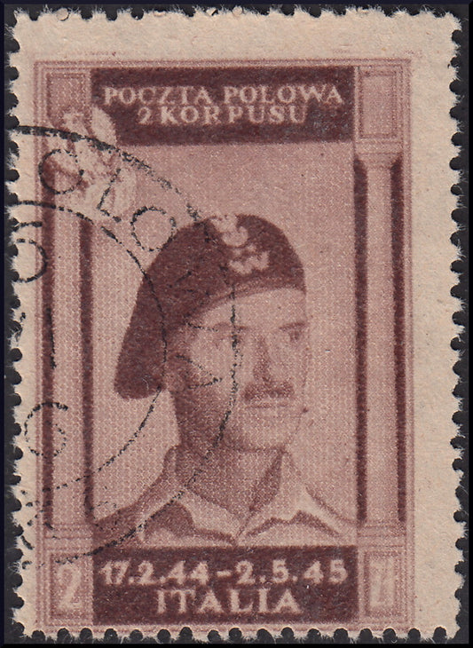 CP74 - 1946 - Polish Corps, Polish victories in Italy series on greyish poor quality paper, color changed 2z. lilac brown serrated, used (13)