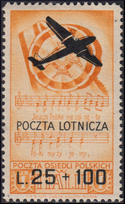 CP79 - 1946 - Polish Corps, War Relief stamps, 1 lira copy (n. 23) in changed color with "POCZTA LOTNICZA" overprint, a plane in flight and new value of L. 25 + 100 orange and black, new intact rubber.(A3).
