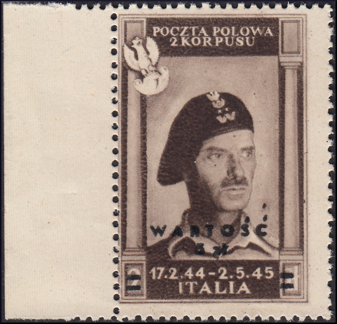 CP82 - 1946 - Polish Corps, Polish victories in Italy 5z on 2z black on greyish, thick and poor quality paper new not gummed (2)