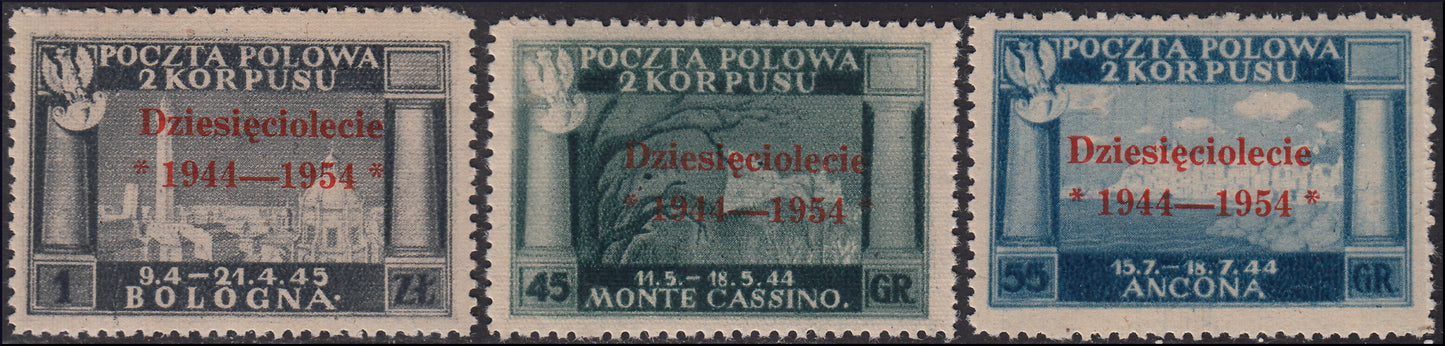 CP88 - 1954 - Governo Polacco di Londra, vittorie polacche in Italia serie di tre valori con sopratampa vermiglio nuova gomma integra (7/9)