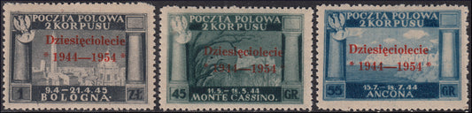 CP88 - 1954 - Polish Government in London, Polish victories in Italy series of three values ​​with vermilion overprint, new intact rubber (7/9)