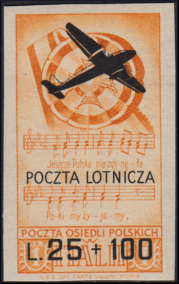 CP95 - 1946 - Corpo Polacco, francobolli di Soccorso di Guerra, esemplare da 1 lira (n. 23) in colore cambiato con soprastampa "POCZTA LOTNICZA", un aereo in volo e nuovo valore da L. 25 + 100 arancio e nero, non dentellato e nuovo gomma integra.(A3a).