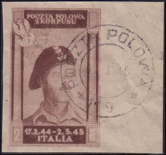 CP96 - 1946 - Corpo Polacco, vittorie polacche in Italia serie su carta grigiastra di qualità scadente, colore cambiato 2z. bruno lillaceo non dentellato, usato (13A)