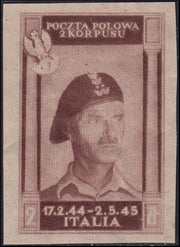 CP97 - 1946 - Polnisches Korps, polnische Siege in Italien, Serie auf grauem Papier von minderer Qualität, Farbänderung 2z. bräunlich-lilaviolett, ungezähnt, postfrisch ohne Gummi (13A)