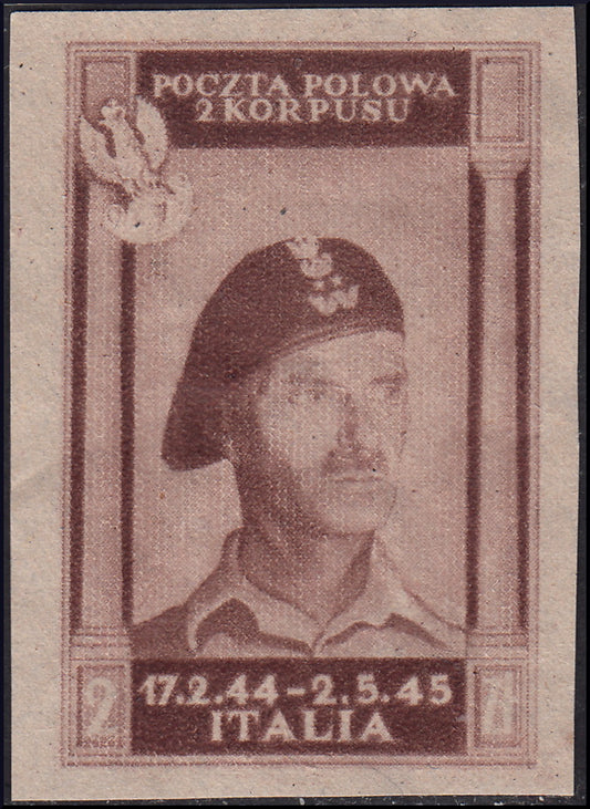 CP97 - 1946 - Corpo Polacco, vittorie polacche in Italia serie su carta grigiastra di qualità scadente, colore cambiato 2z. bruno lillaceo non dentellato, nuovo non gommato (13A)