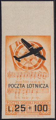CP98 - 1946 - Polnisches Korps, Kriegsfürsorge-Briefmarken, Exemplar zu 1 Lira (Nr. 23) in geänderter Farbe mit Aufdruck "POCZTA LOTNICZA", Flugzeug im Flug und neuem Wert zu L. 25 + 100, orange und schwarz, ungezähnt und postfrisch mit unversehrter Gummi