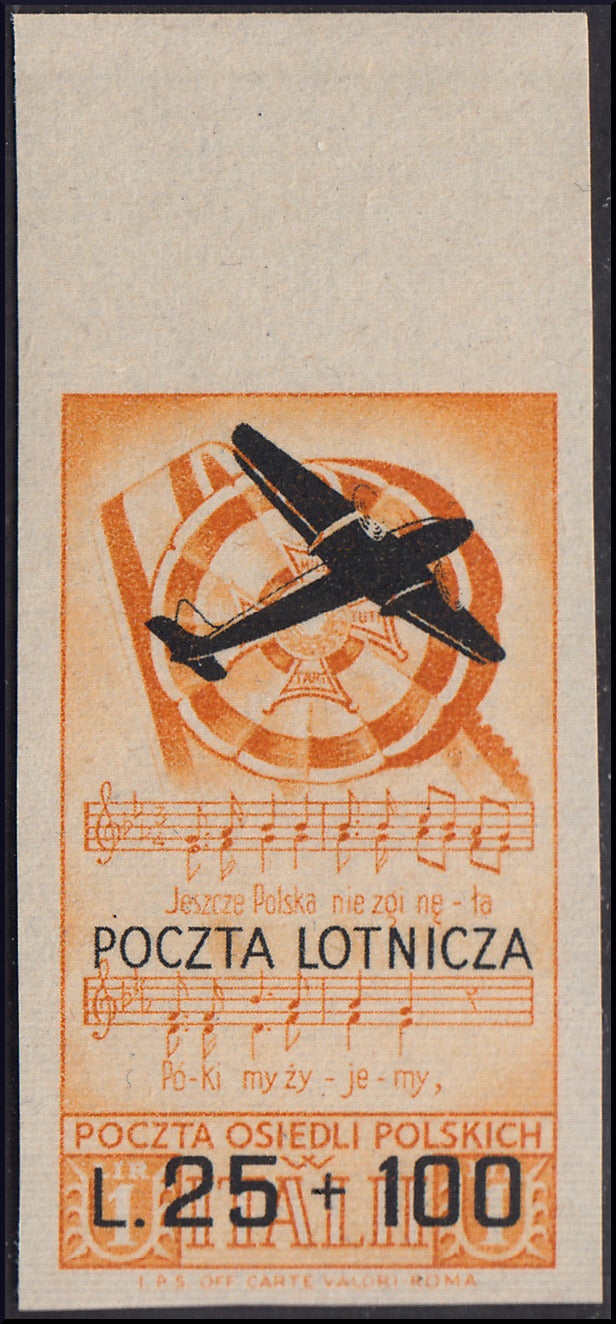 CP98 - 1946 - Corpo Polacco, francobolli di Soccorso di Guerra, esemplare da 1 lira (n. 23) in colore cambiato con soprastampa "POCZTA LOTNICZA", un aereo in volo e nuovo valore da L. 25 + 100 arancio e nero, non dentellato e nuovo gomma integra.(A3a).
