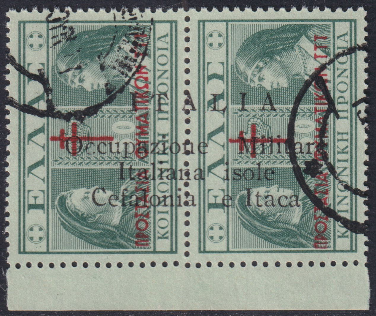 Cef53 - Greek Charity from 1940, 50 green lepta in vertical pair with overprint "Italy / Military Occupation / Italian Islands / Kefalonia and Ithaca" used (35)