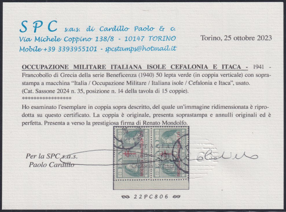 Cef53 - Greek Charity from 1940, 50 green lepta in vertical pair with overprint "Italy / Military Occupation / Italian Islands / Kefalonia and Ithaca" used (35)