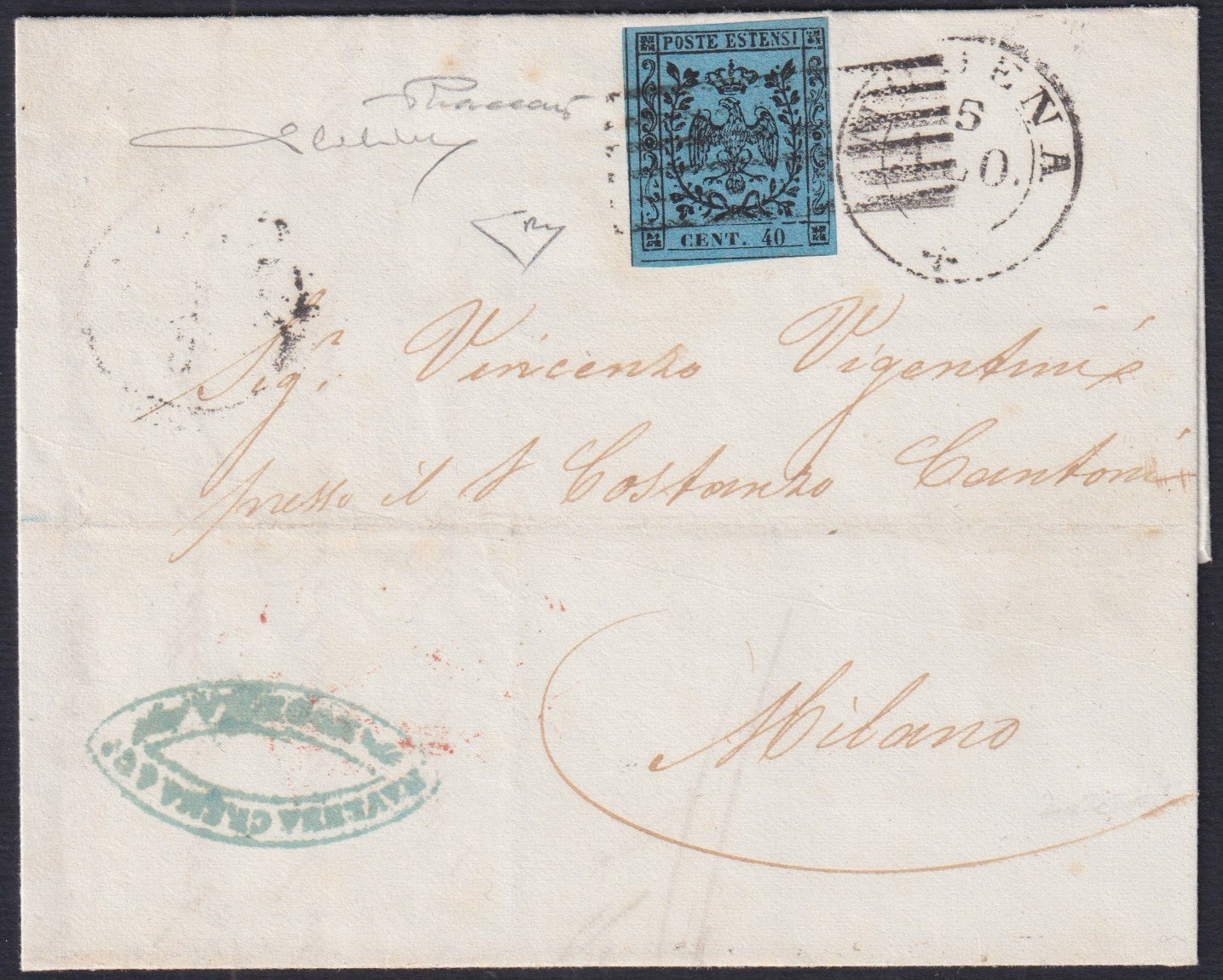 MODSP_100 - 1852 Lettera spedita da Modena per Milano 5/8/52 affrancata con c. 40 celeste I tiratura isolato (5)