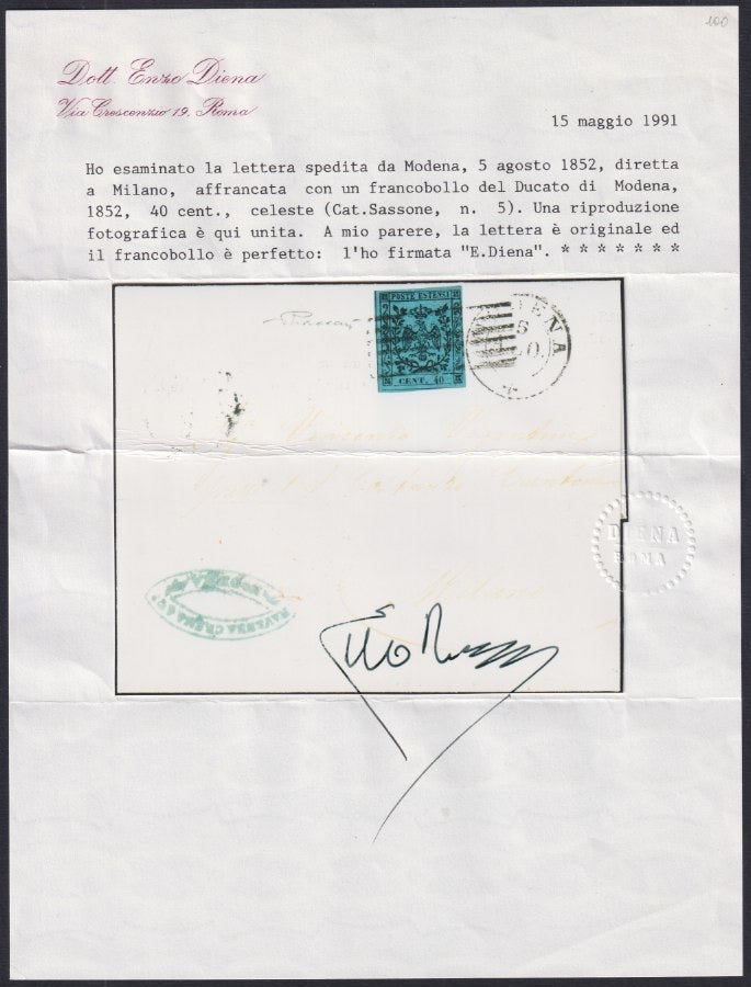 MODSP_100 - 1852 Lettera spedita da Modena per Milano 5/8/52 affrancata con c. 40 celeste I tiratura isolato (5)