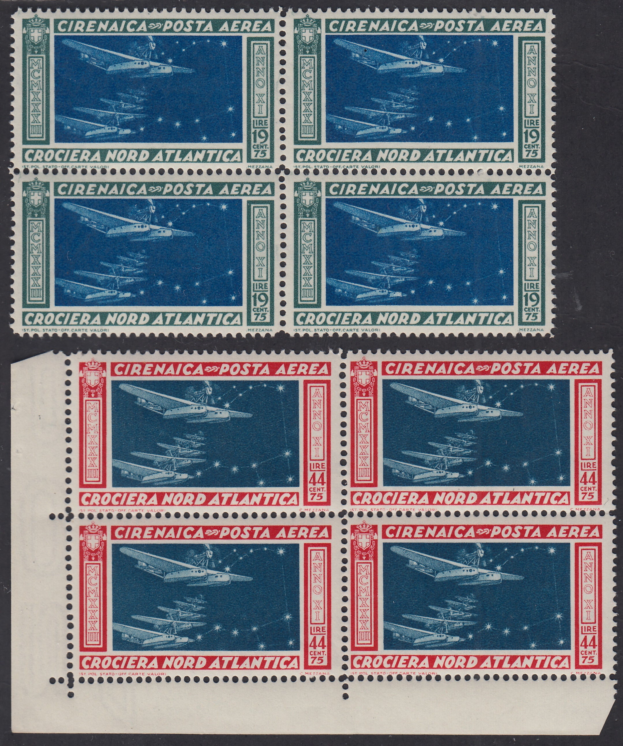 Cire18 - 1933 - Colonie Italiane, Cirenaica Crociera Balbo, stormo di idrovolanti in volo notturno due esemplari in quartine nuove gomma integra (18/19)