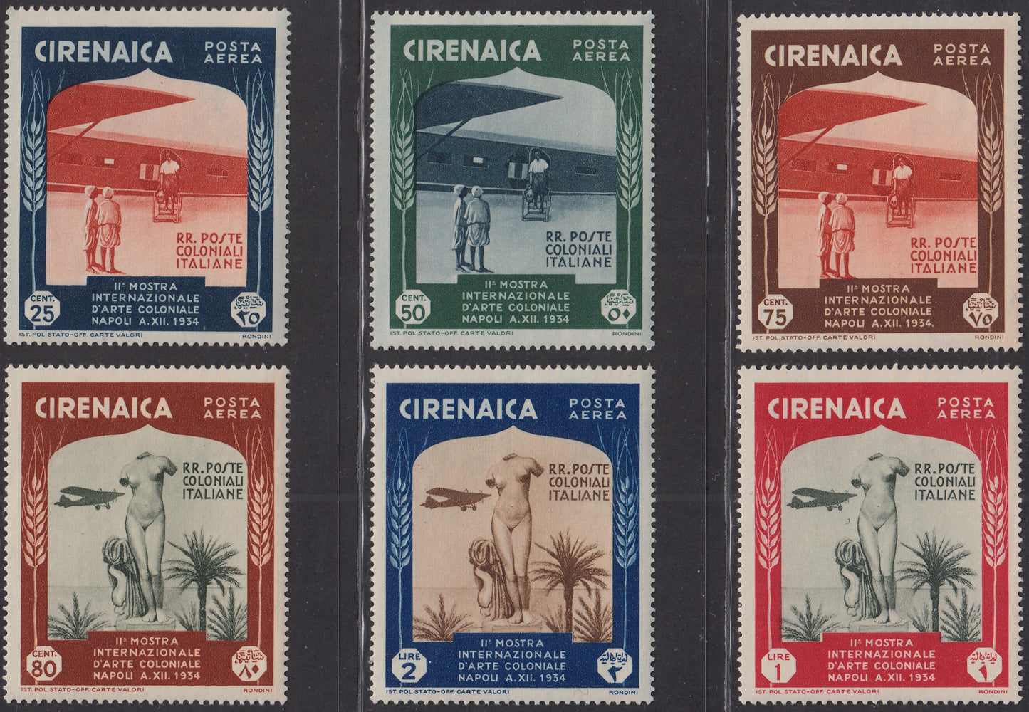 Cire23 - 1934 Cirenaica 2nd international exhibition of color art, complete series of new Ordinary Mail + Air Mail with intact rubber (93/98 + A24/29)