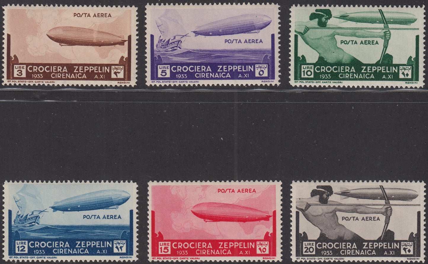 Cire24 - 1933 Italian Colonies, Cyrenaica Zeppelin Cruise, new set of six values ​​with intact rubber (12/17)