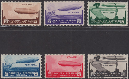 Cire24 - 1933 Colonie Italiane, Cirenaica Crociera Zeppelin, serie di sei valori nuova con gomma integra (12/17)