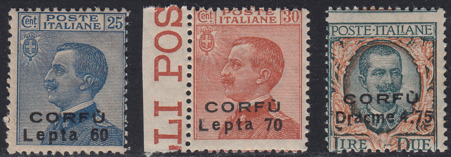 Corfù15 - 1923 - Not issued, series of three Italian stamps overprinted CORFU and new mint stamp with intact gum (12/14)