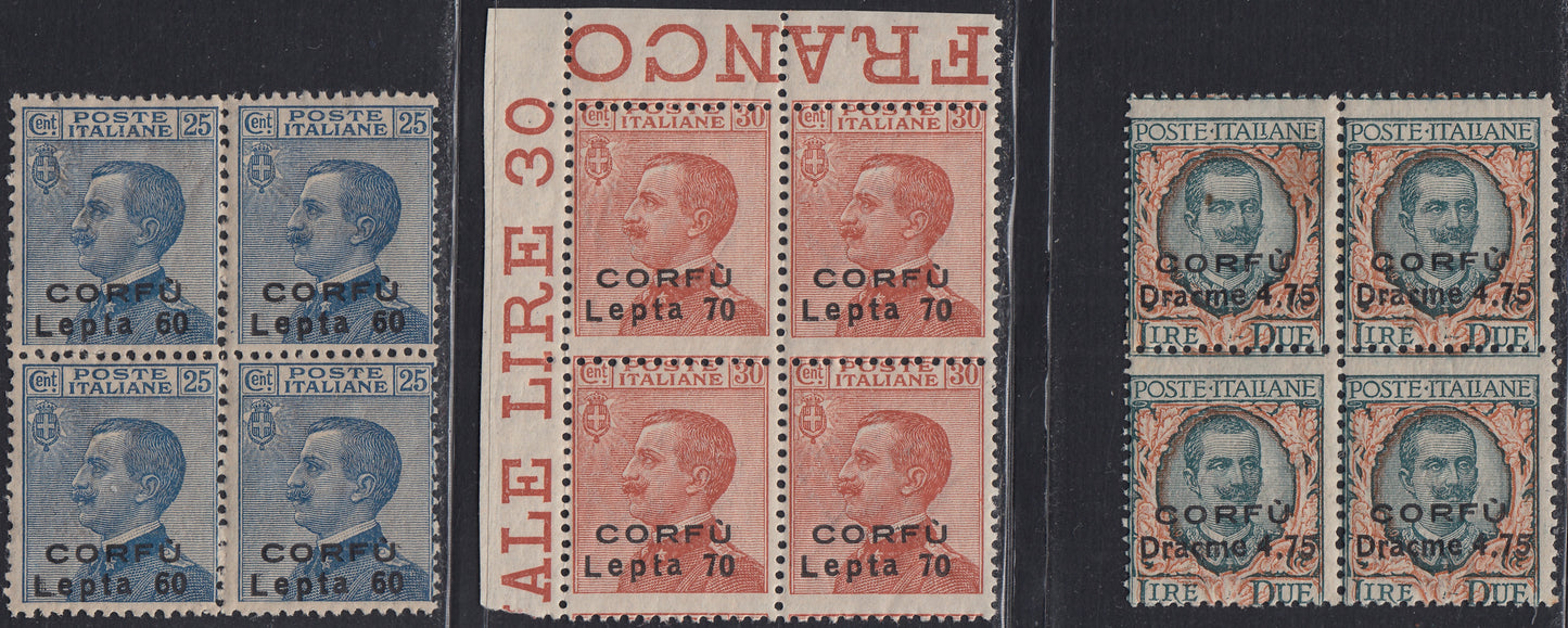 Corfù16 - 1923 - Not issued, series of three Italian stamps overprinted CORFU and new stamp in new sets with intact gum (12/14)