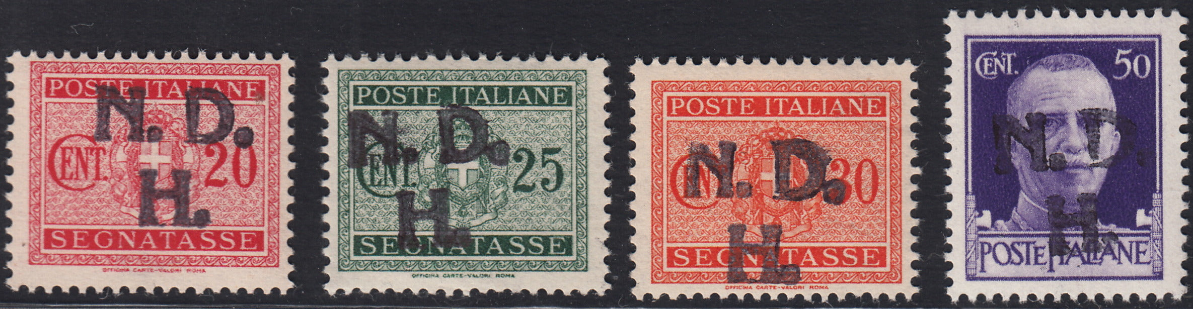CRO18 - 1944 - Occupazione Croata, francobolli d'Italia soprastampati N.D.H. a mano, quattro valori differenti nuovi gomma integra.