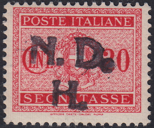 CRO3 - 1944 - Occupazione Croata, segnatasse di Regno c. 20 carminio con soprastampa a mano "N.D.H." nuovo gomma originale (nota in calce a Sebenico)