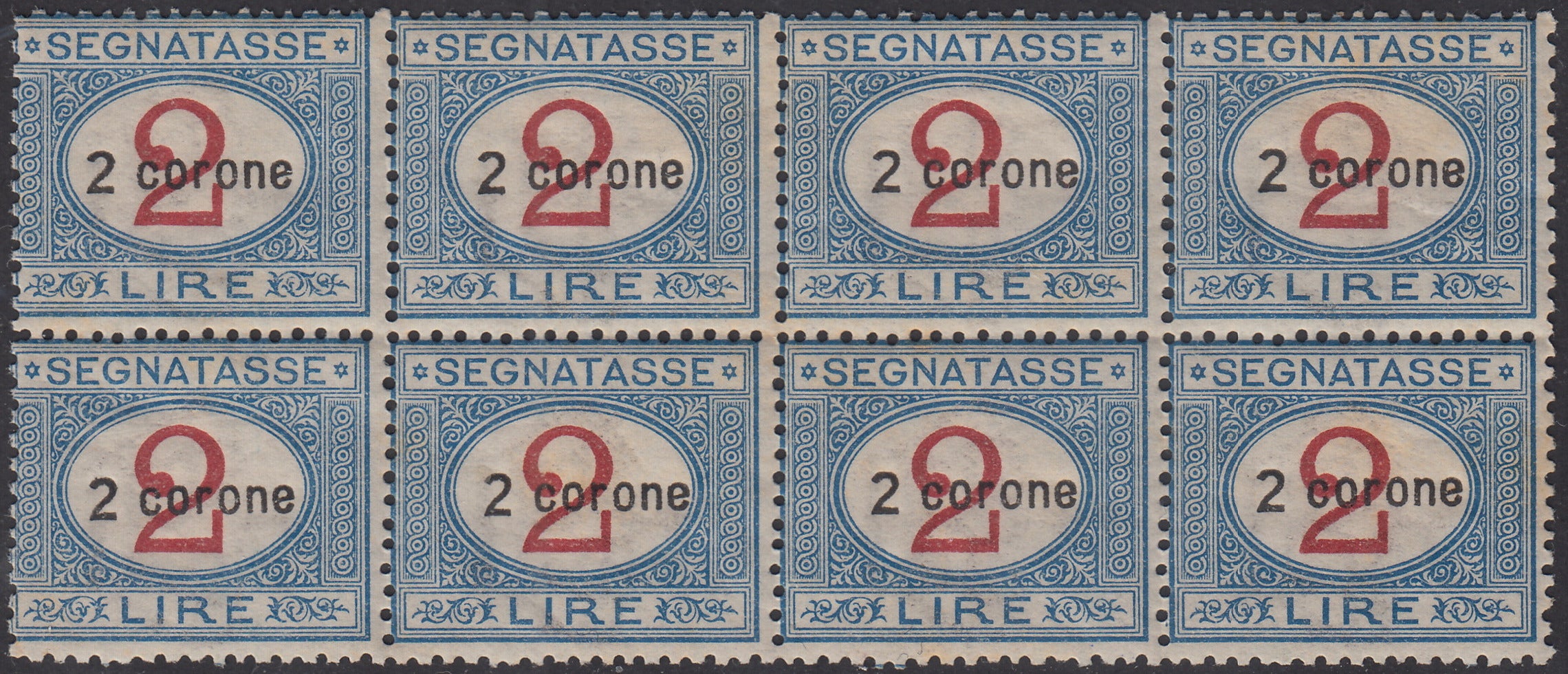 Dalma4 - 1922 - Terre redente - Dalmazia, segnatasse d'Italia soprastampate con nuovo valore, L. 2 carminio e azzurro blocco di otto esemplari di cui una quartina integra e una linguellata (3)