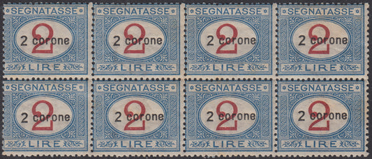 Dalma4 - 1922 - Terre redente - Dalmazia, segnatasse d'Italia soprastampate con nuovo valore, L. 2 carminio e azzurro blocco di otto esemplari di cui una quartina integra e una linguellata (3)