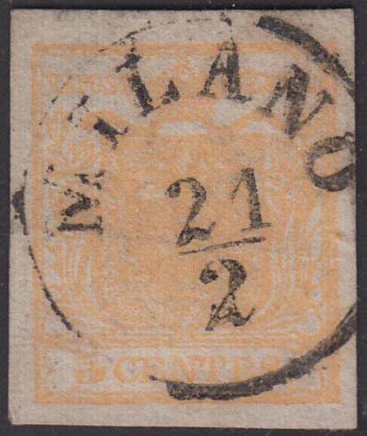 PP383 - 1851 - I emissione c. 5 giallo ocra con controstampa diritta usato, piccolo punto chiaro (13A).