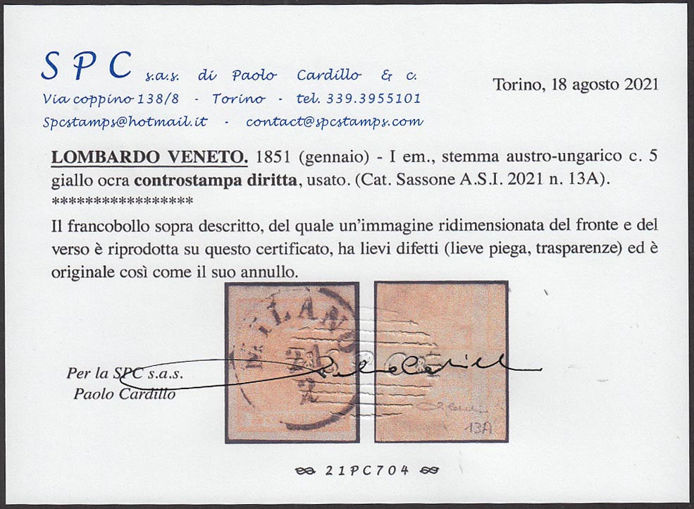 PP383 - 1851 - I emissione c. 5 giallo ocra con controstampa diritta usato, piccolo punto chiaro (13A).