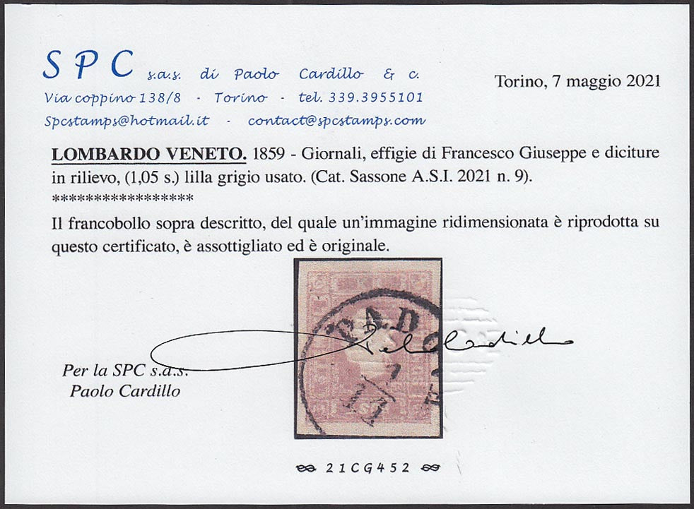 EC32_121 - 1859 - Effigie di Francesco Giuseppe del II tipo. (s. 1,05) lilla grigio usato, difetti (9).