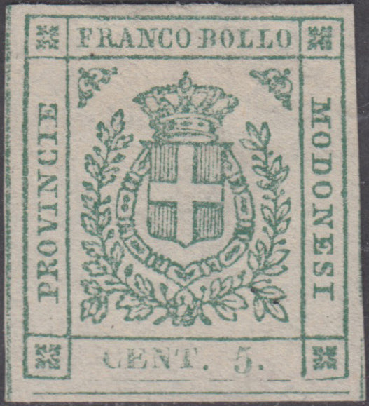 BM20-106 - 1859 - Scudo di Savoia sormontato da Corona Reale, c. 5 verde nuovo senza gomma (12).